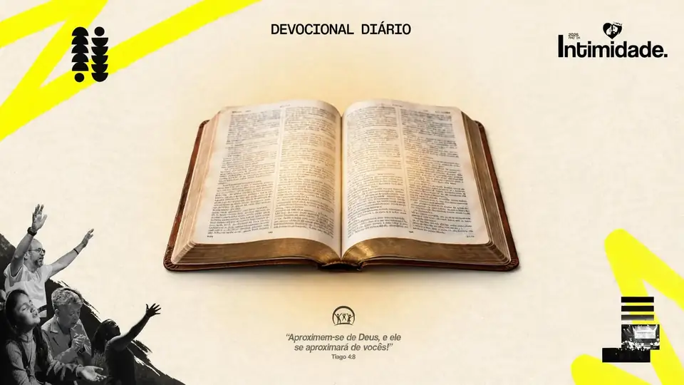 Arte do devocional diário com Bíblia aberta e identidade visual do tema Intimidade